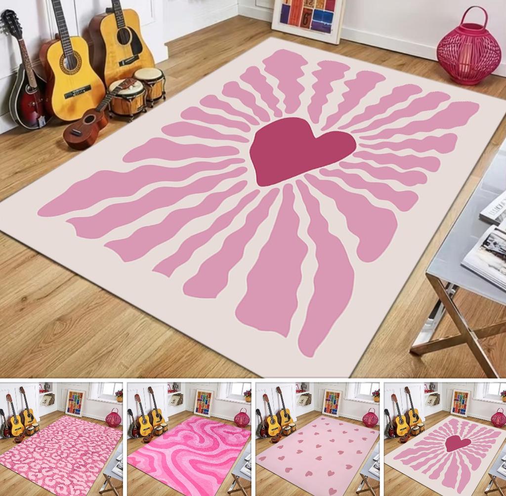 Aesthetic Pink Heart & Swirl Area Rug Carpet Mat Collection Non-Slip Easy Clean Large Size for Bedroom Living Room Home Decor