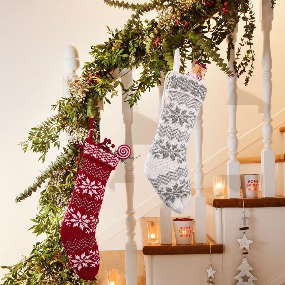 New 48CM Snowflake Knitted Christmas Socks Large Size Christmas Stockings Hanging Gift Bag Home Decoration