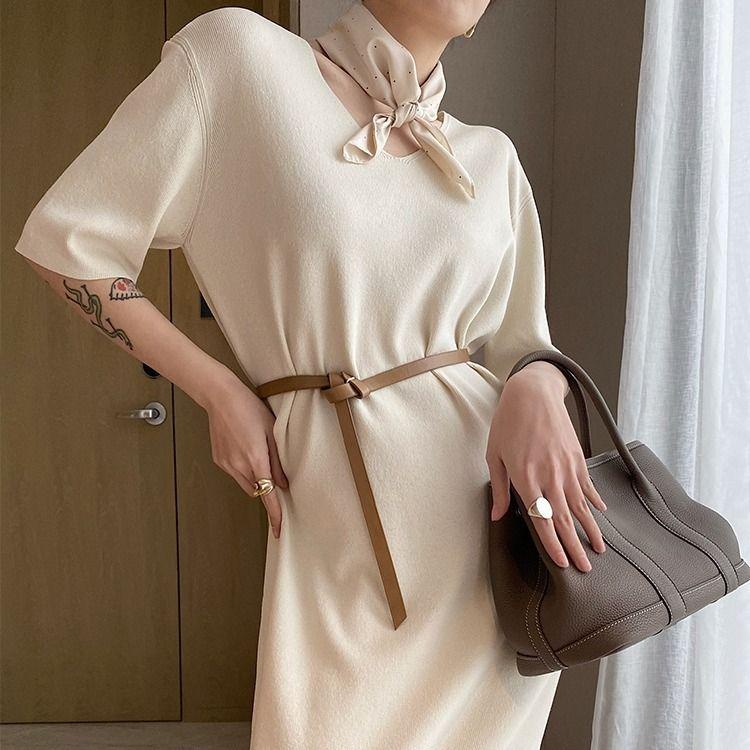 Summer Thin Cool Long Dress V-Neck Loose Slimming Straight Short Sleeve Knit Dress