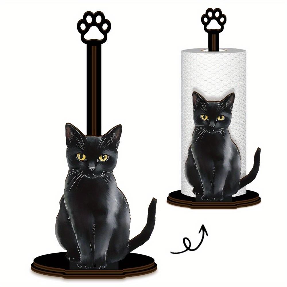 Wooden Base Black Cat Tissue Holder Cute Desktop Decoration Roll Paper Standing Rack Cartoon Food Wrap Storage Rack For Kitchen