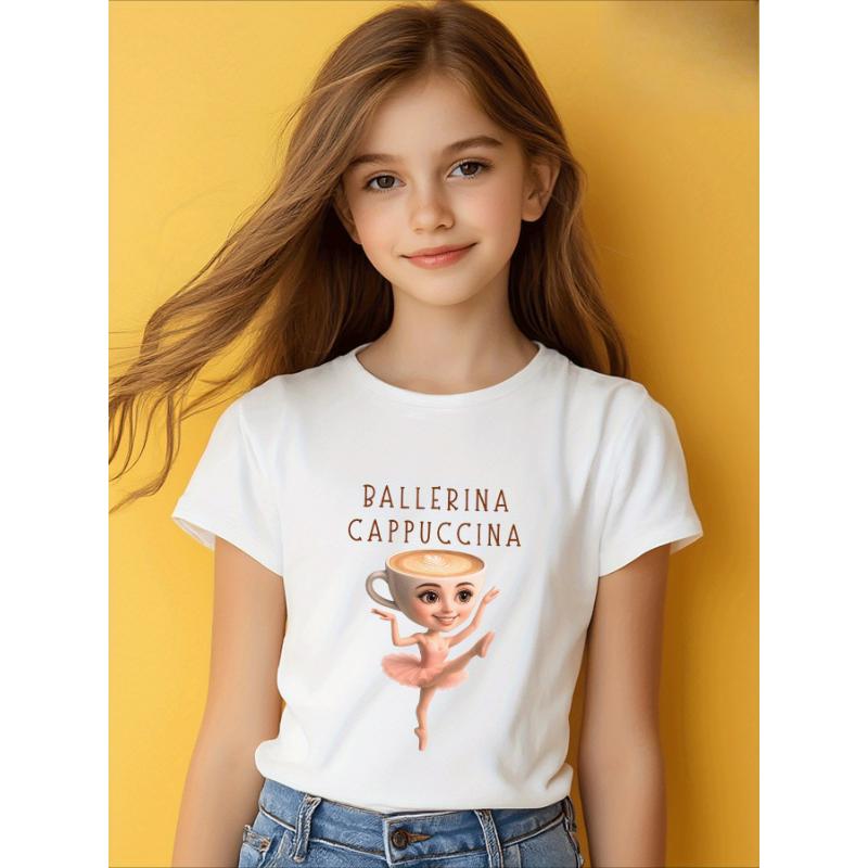 

Дівчача балетна кавова BALLERINA CAPPUCCINA з коротким рукавом, круглим вирізом, літня мультяшна повсякденна футболка для дівчаток, звичайна модна футболка 150