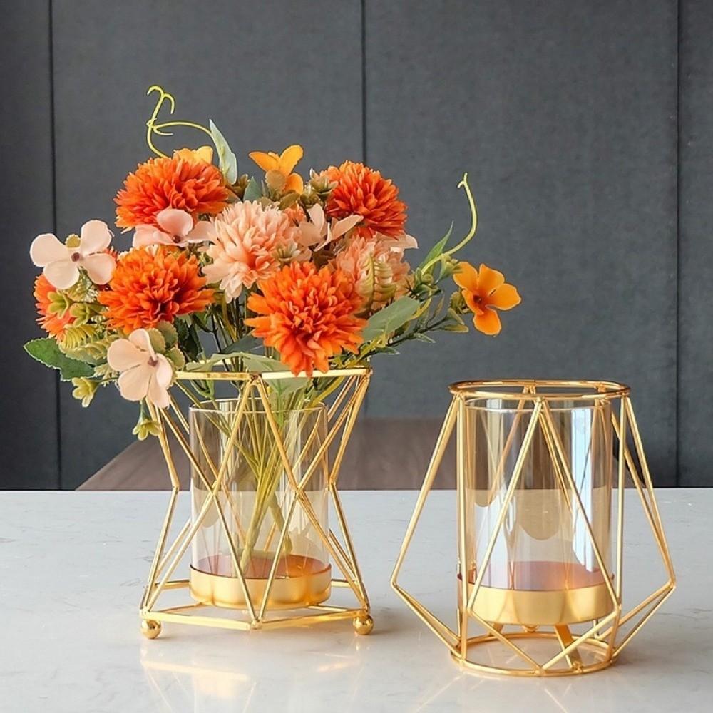 Nordic Metal Flower Vase Glass Flower Arrangement Decorative Vase Candle Holder For Living Room Bedroom