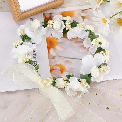 Bohemian Style Floral Crown Headband Flower Wreath with Tulle for Women Girls Hair Accessories for Bridesmaid Wedding Stage