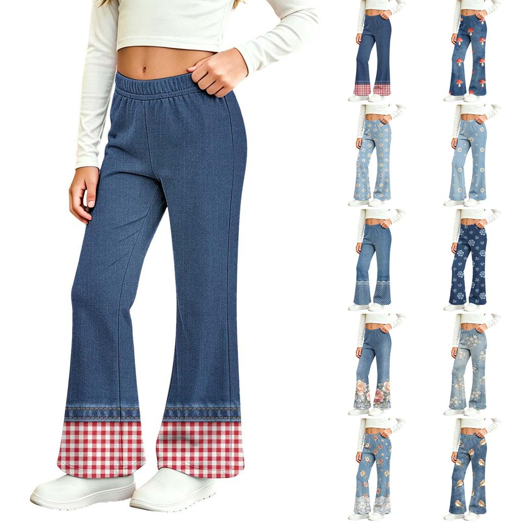 Kids Fashion High Waist Flared Pants Printed Bell Bottom Trousers for Everyday Wear