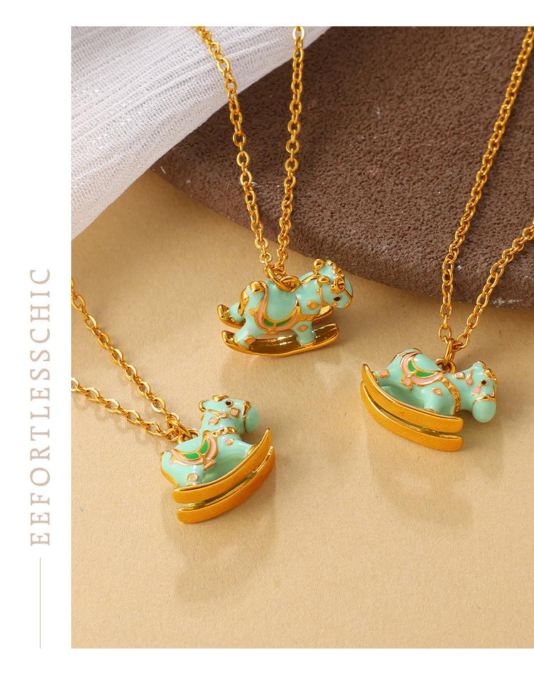 2026 New Women's European American Animal Style Cartoon Macaron Color Cute Stainless Steel Rocking Horse Pendant Necklace Bamboo