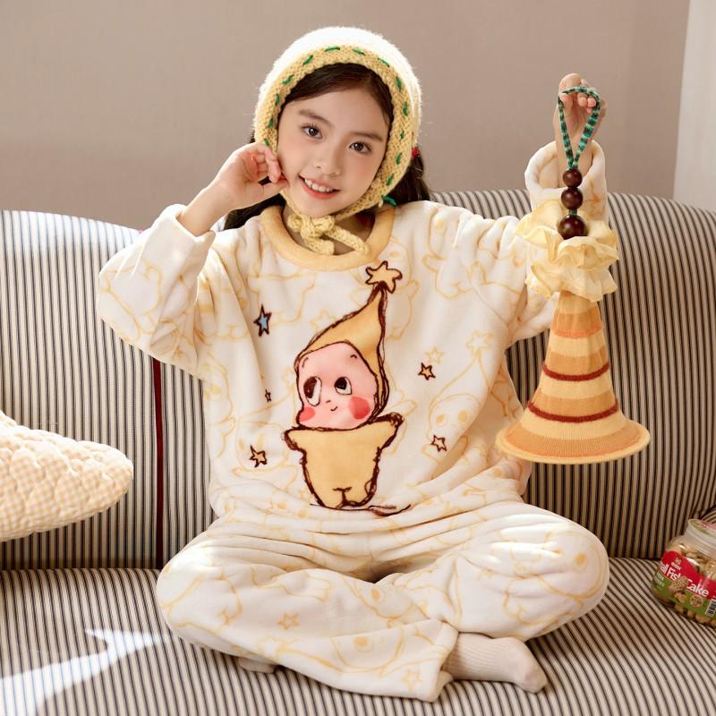 Girls Flannel Pajama Set Cartoon Warm Homewear Kids Winter
