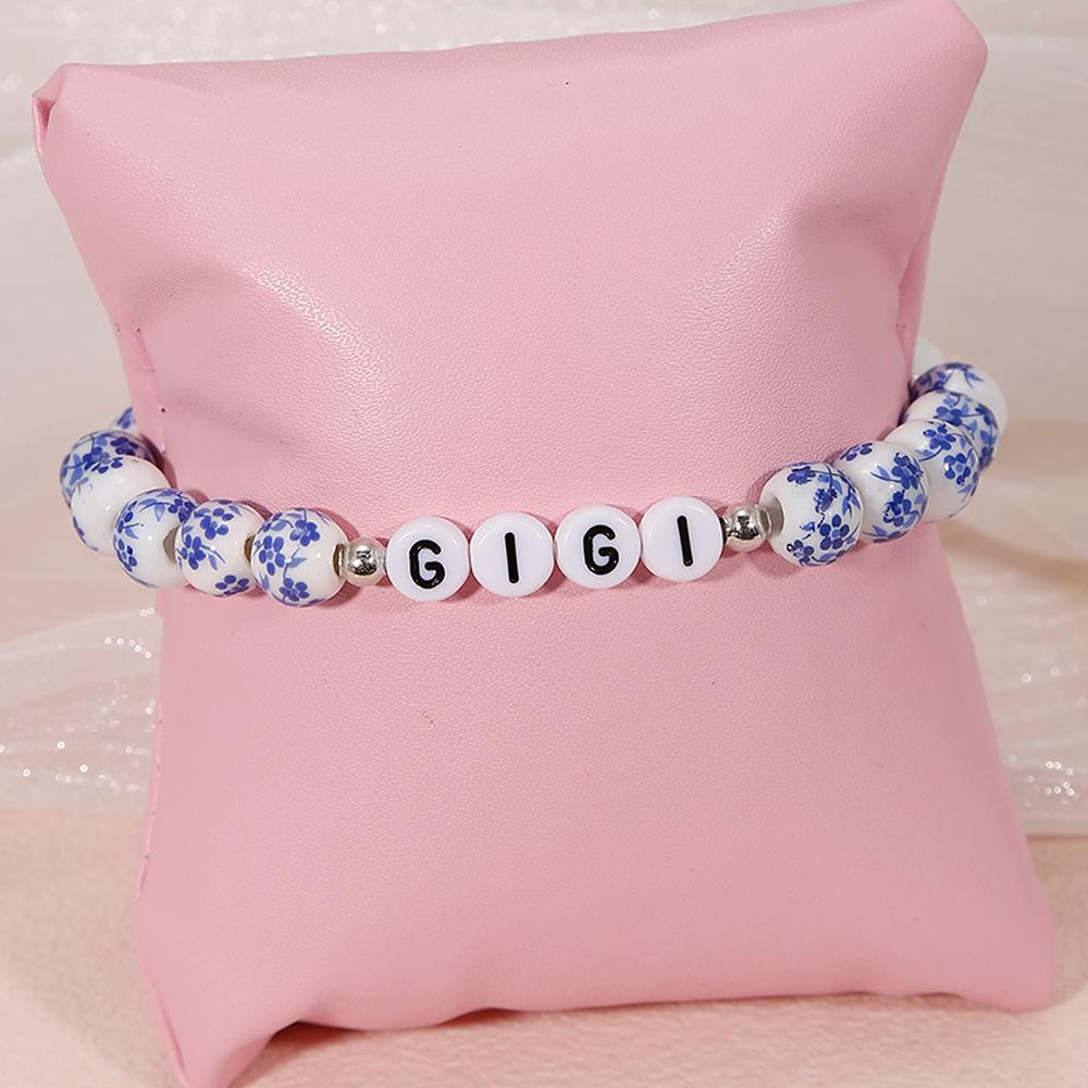 Porcelain Beaded Bracelet Gift - Blue & White Letter Design, Trendy Retro Style for NANA MAMA.