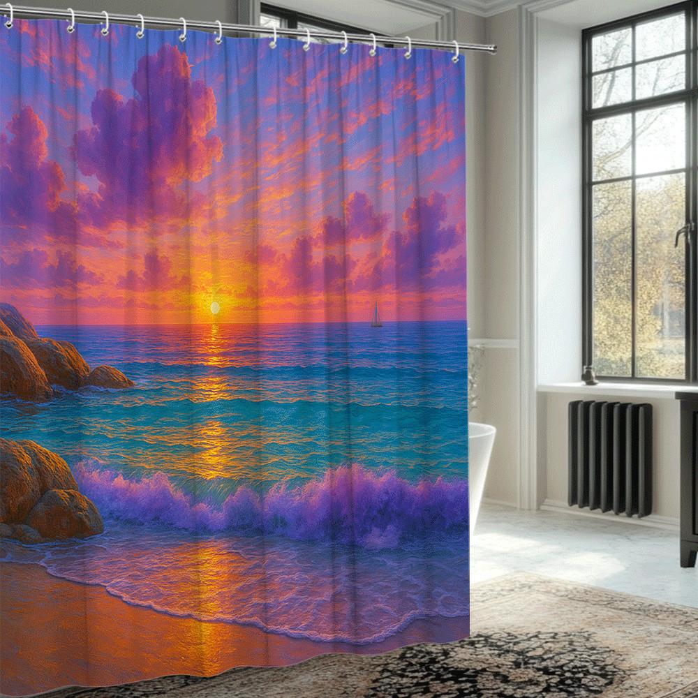 Ocean Sunset Shower Curtain Purple Sky Golden Waves &Sailboat Romantic Beach Scene Bathroom Decor Waterproof Simple Installation