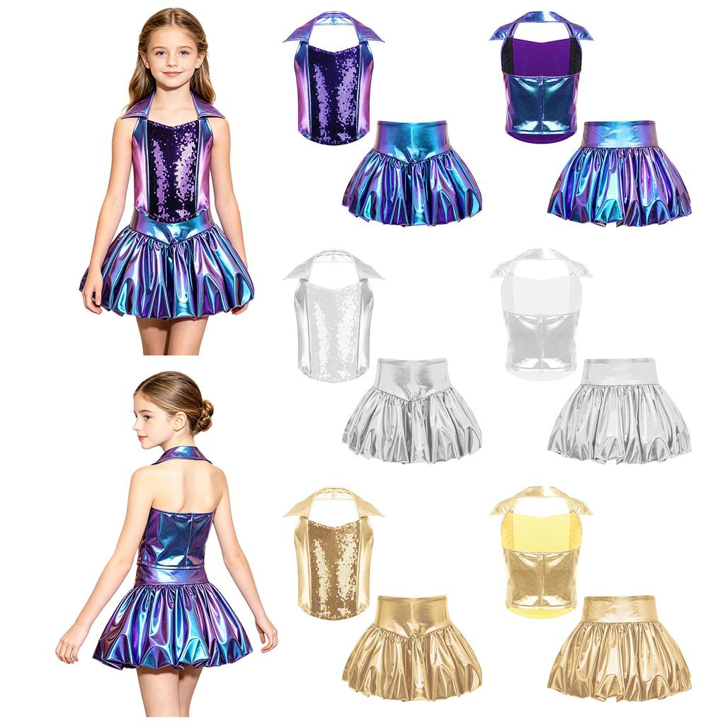 Children‘s Glitter Front Sequins Halter Sleeveless Backless Metallic Shiny Top with Skirt for Stage Show Recital Costume