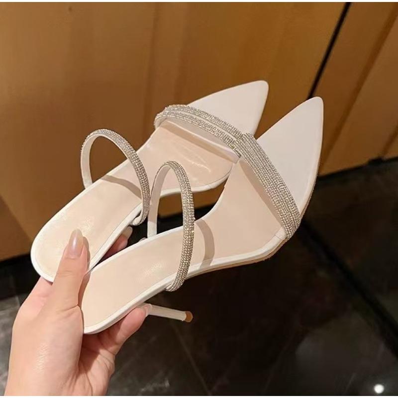 Fashion Shoes Woman 2025 Summer New Black Diamond Decorative Women's Sandals Outerwear Fashion Open Toe Thin Heels Slippers