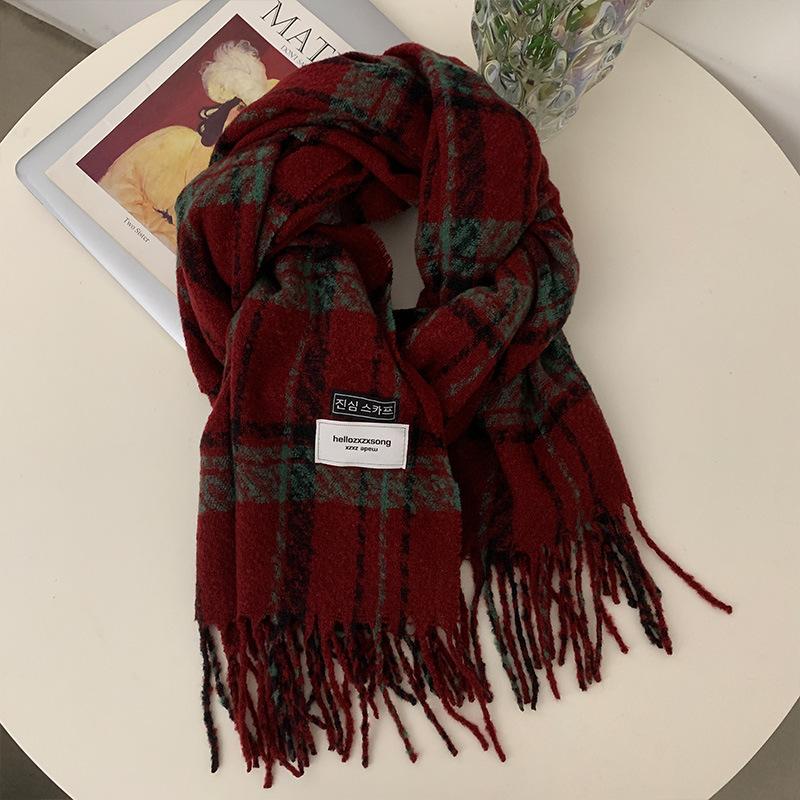 Retro Plaid Scarf for Girls Winter Ins Versatile Thickened Warm Long Shawl Dual Purpose Versatile Student Scarf