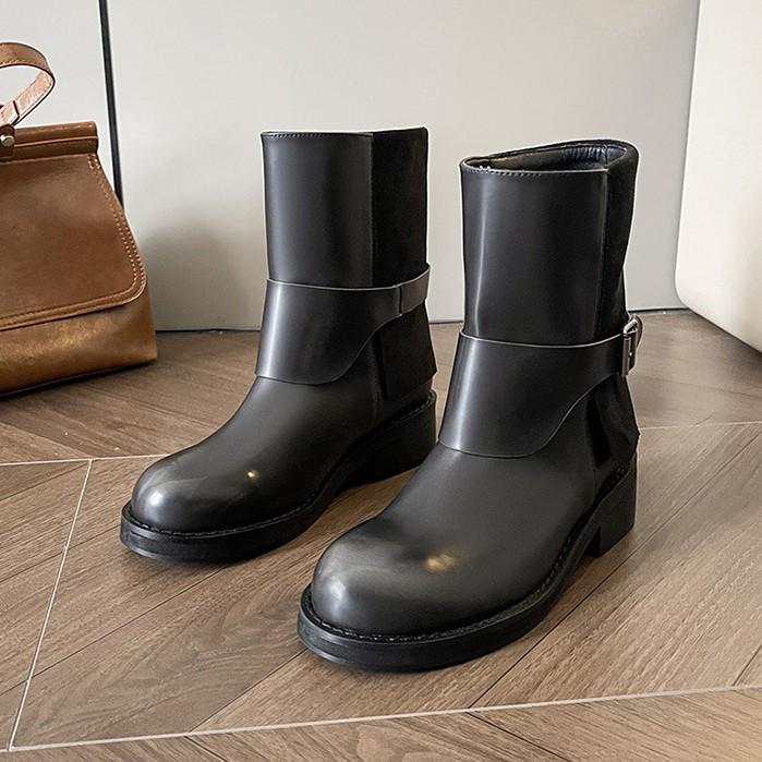 Retro Polished Round Head Martin Boots Thick Heel Belt Buckle Western Cowboy Short Boots Thin Inner Heightening Buckle Belt Martin Boots