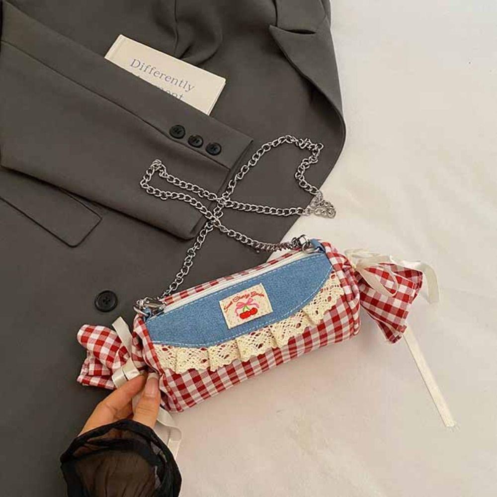 Canvas Candy Shape Bag Cherry Denim Lace Shoulder Bag Lightweight Red Plaid Crossbody Bag  Vacation