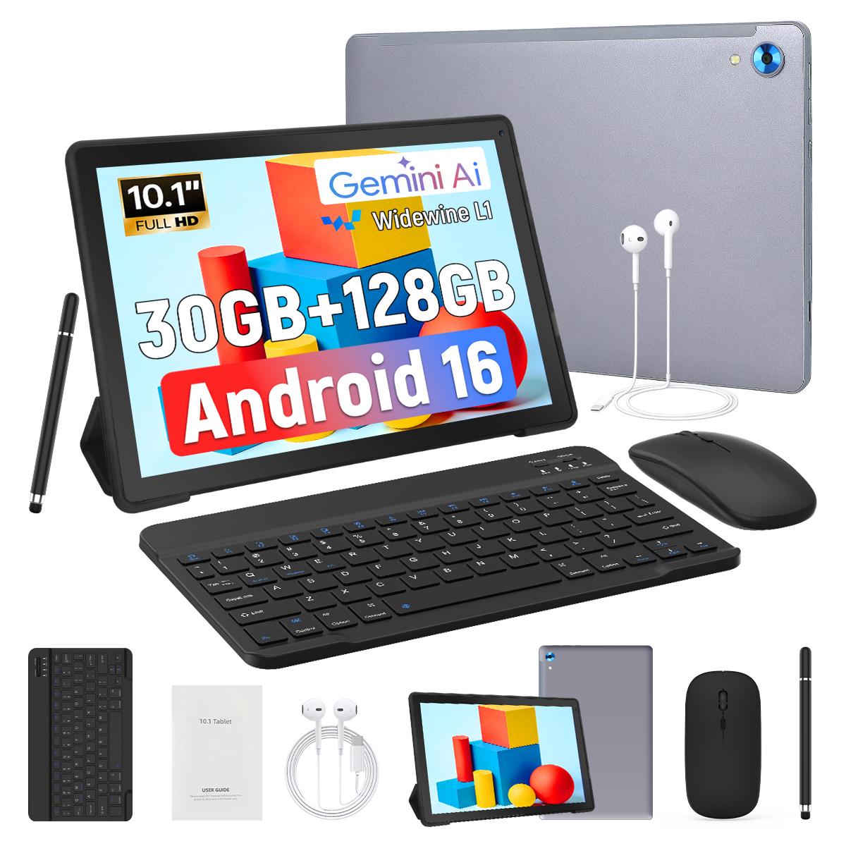 Android 16 Tablet, 10,1 Zoll, 30 GB RAM + 128 GB ROM, Octa-Core A537, 1 TB Erweiterung grau