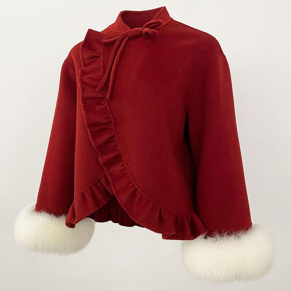 Luxuriöser Wintermode-Kurzrock 100 % doppelseitiger Wollmantel Gespleißte Ärmel aus natürlichem Fuchspelz Warme Freizeitjacke für Damen