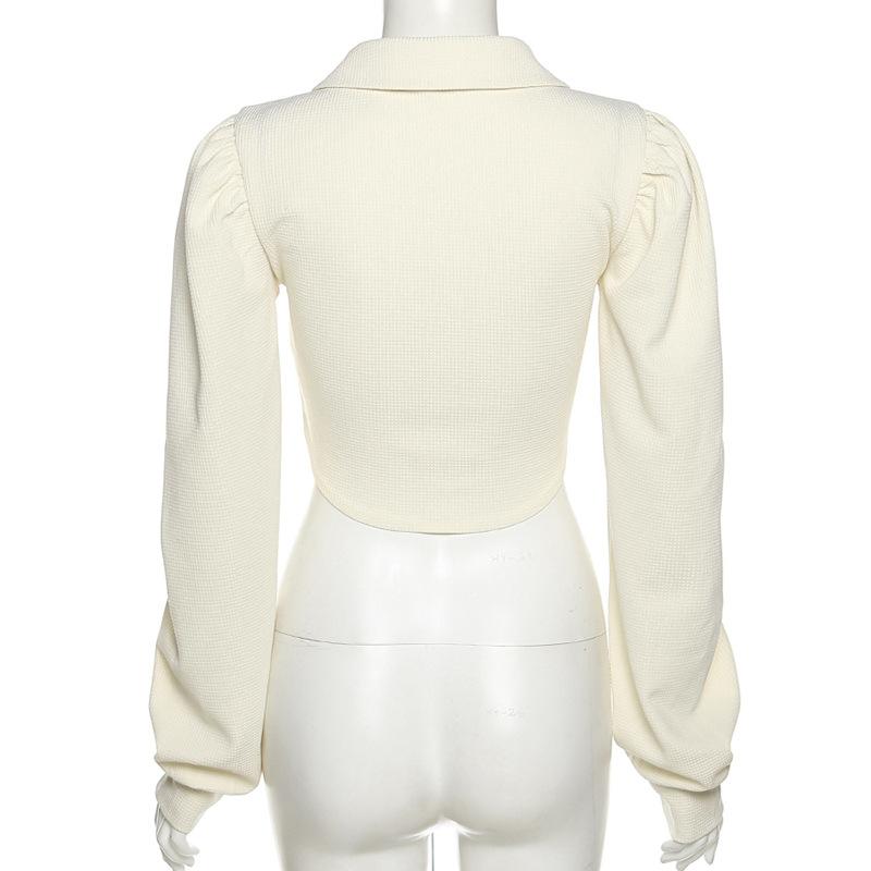 Evropský a americký styl jaro a podzim dámský jednobarevný slim střih s odhaleným pupíkem Módní klopa, zip, dlouhý rukáv