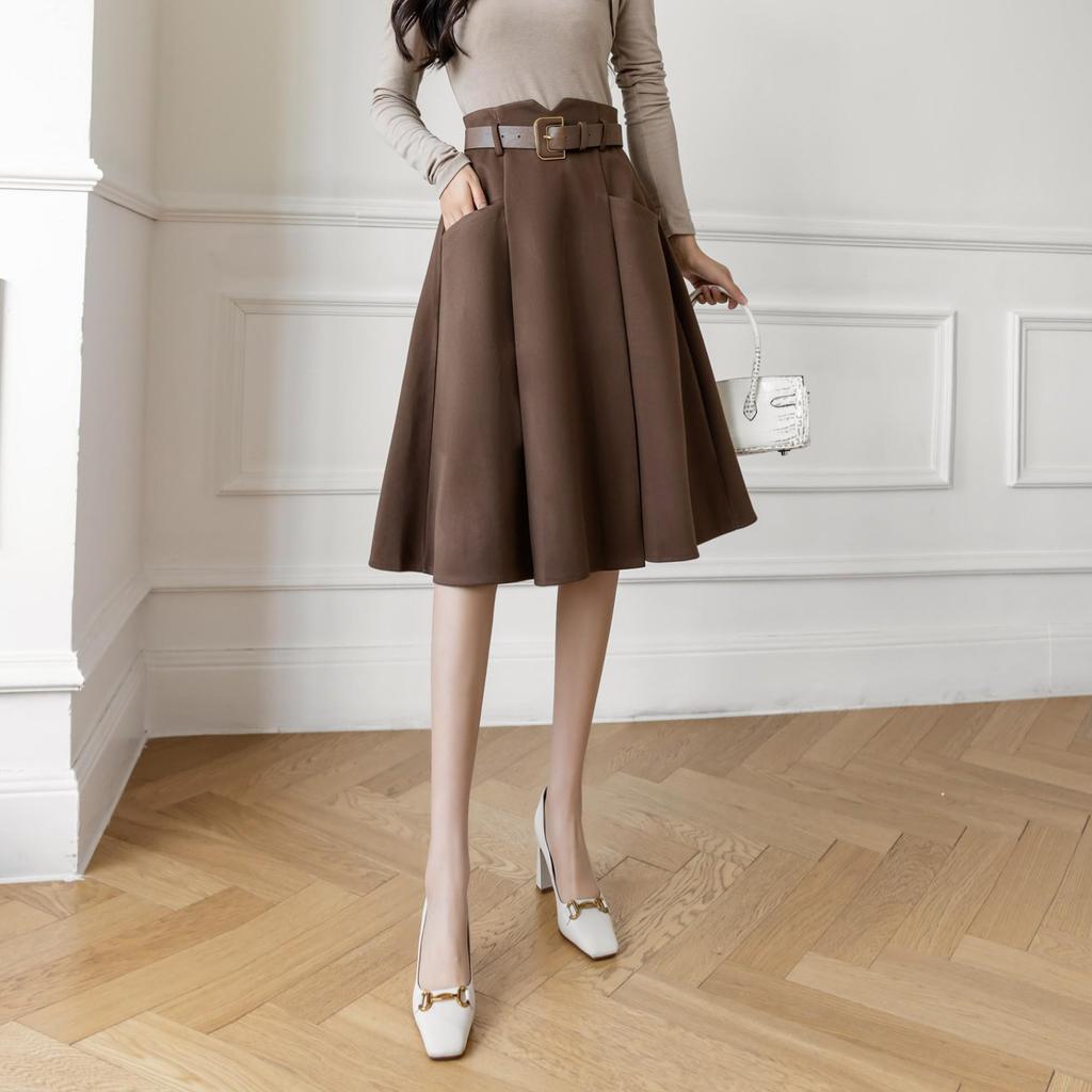Jupe trapèze en laine de style français pour femme - Mi-longue, taille haute, automne/hiver