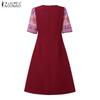 ZANZEA Women Casual Fake Two Piece Patchwork Retro Print Short Sleeve Dress