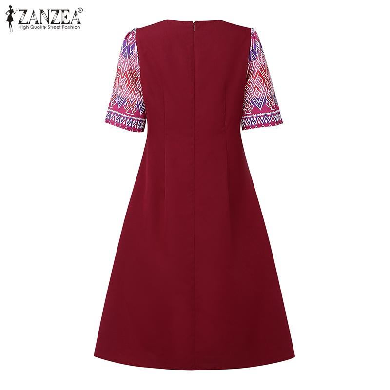 ZANZEA Women Casual Fake Two Piece Patchwork Retro Print Short Sleeve Dress
