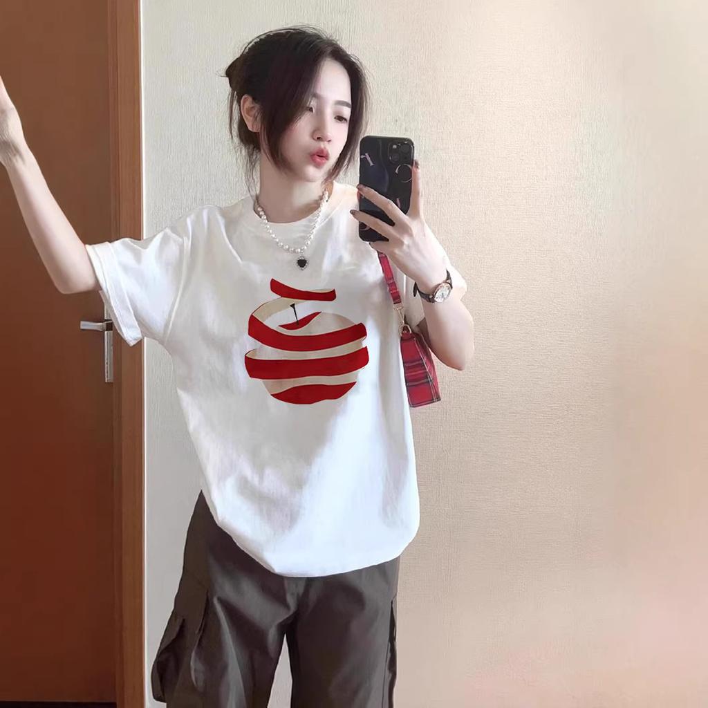 White cotton apple short-sleeved t-shirt women's summer new design sense niche front shoulder loose large size half-sleeved top trendy