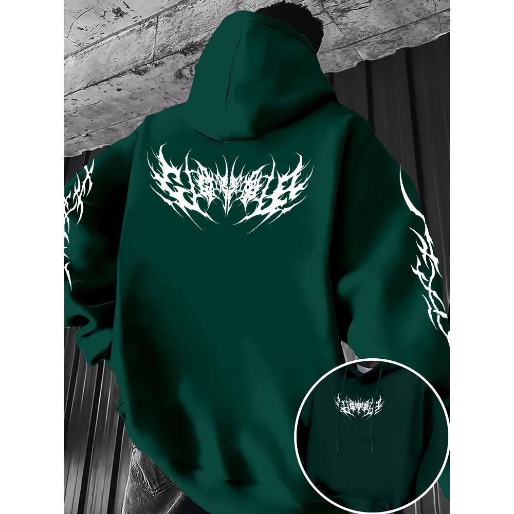 Men's Autumn Winter Fashion Printed Hoodie with Kangaroo Pocket, Drawstring Design, Color Blocked Hoodie