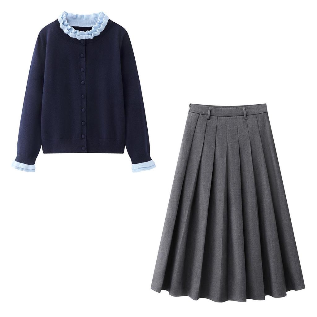 2026 French Ruffle Trim Cardigan & Pleated Skirt Fashion Set