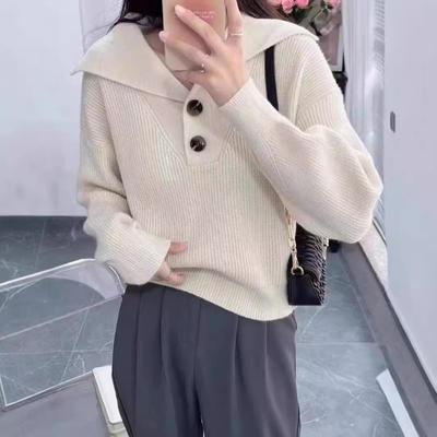 Automne et hiver nouveau couleur unie simple mode polyvalent col revers version ample style paresseux pull tricoté à manches courtes et longues femme