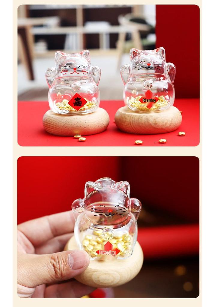 Three-Dimensional High Borosilicate Glass Fortune Cat Coin Bank and Gift Jar.