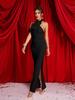 White Ribbon Floral Halter Long Red Evening Dress - European & American Style