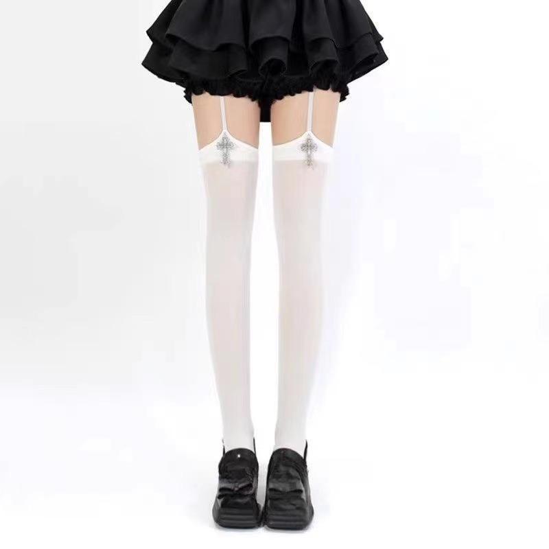 Personality Cross Decoration Women Suspender Socks Solid Color Thin Thigh High Lolita Anime Cosplay Gothic Over Knee Stockings
