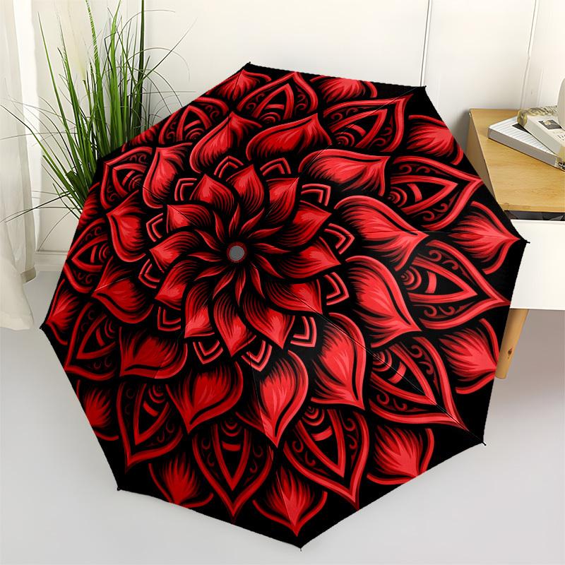 1pc Red Lotus Mandala Umbrella with Plastic Handle,Compact & Stylish,Suitable for All Seasons YS331066