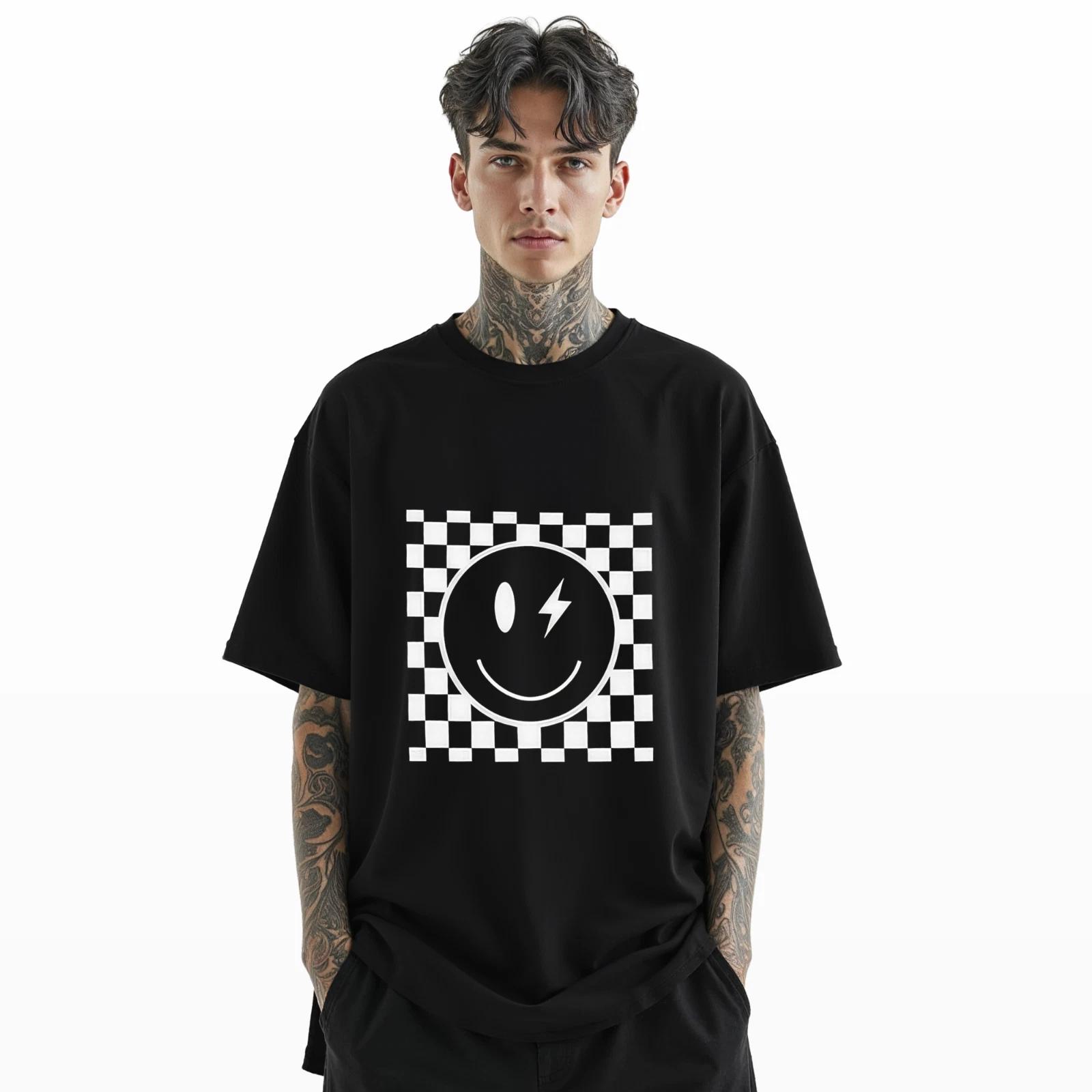 Checkerboard Lightning Smiley Face T-Shirt Retro Grunge Aesthetic Graphic A93 4XL