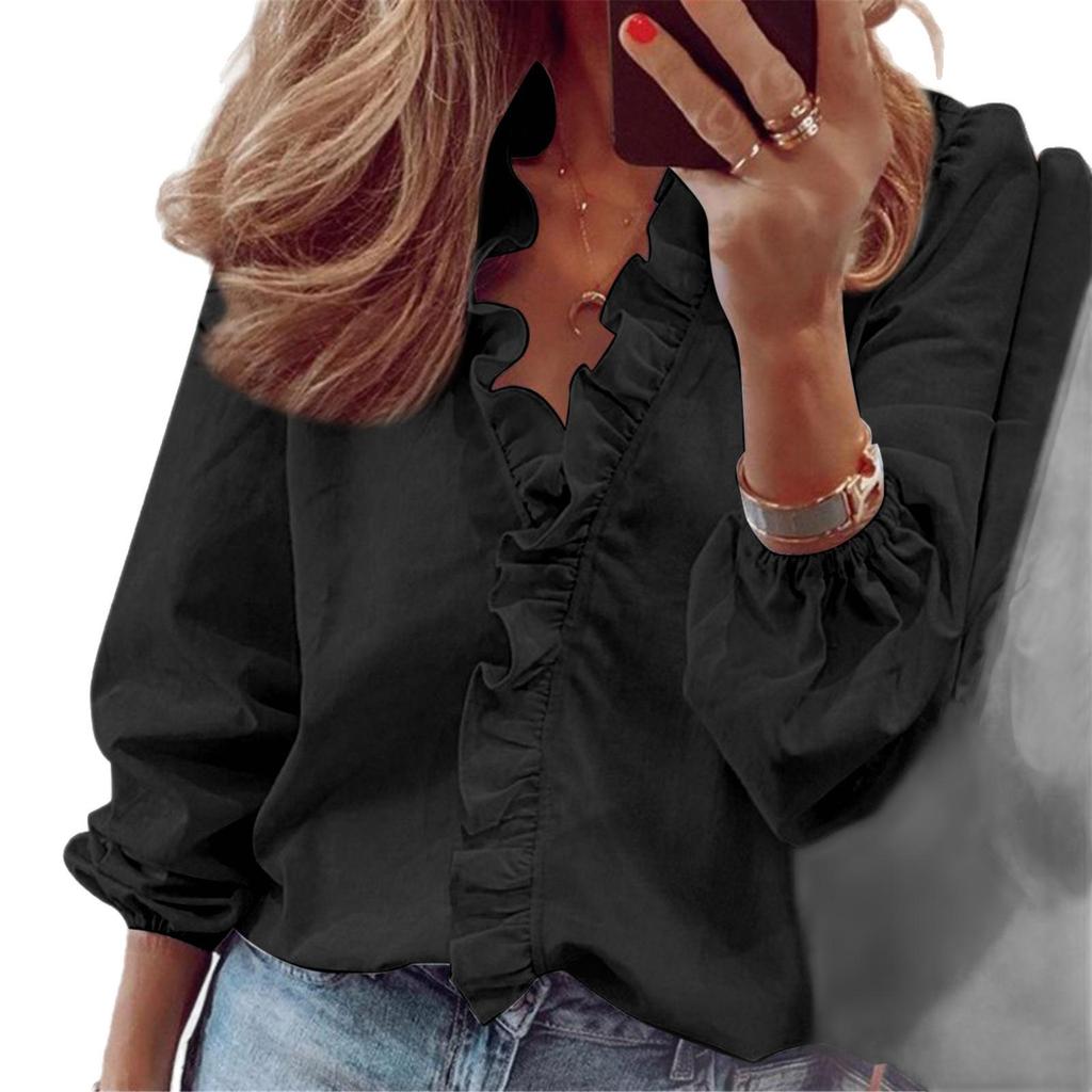 Women's Ruffle V-Neck Long-Sleeve Retro Slimming Top