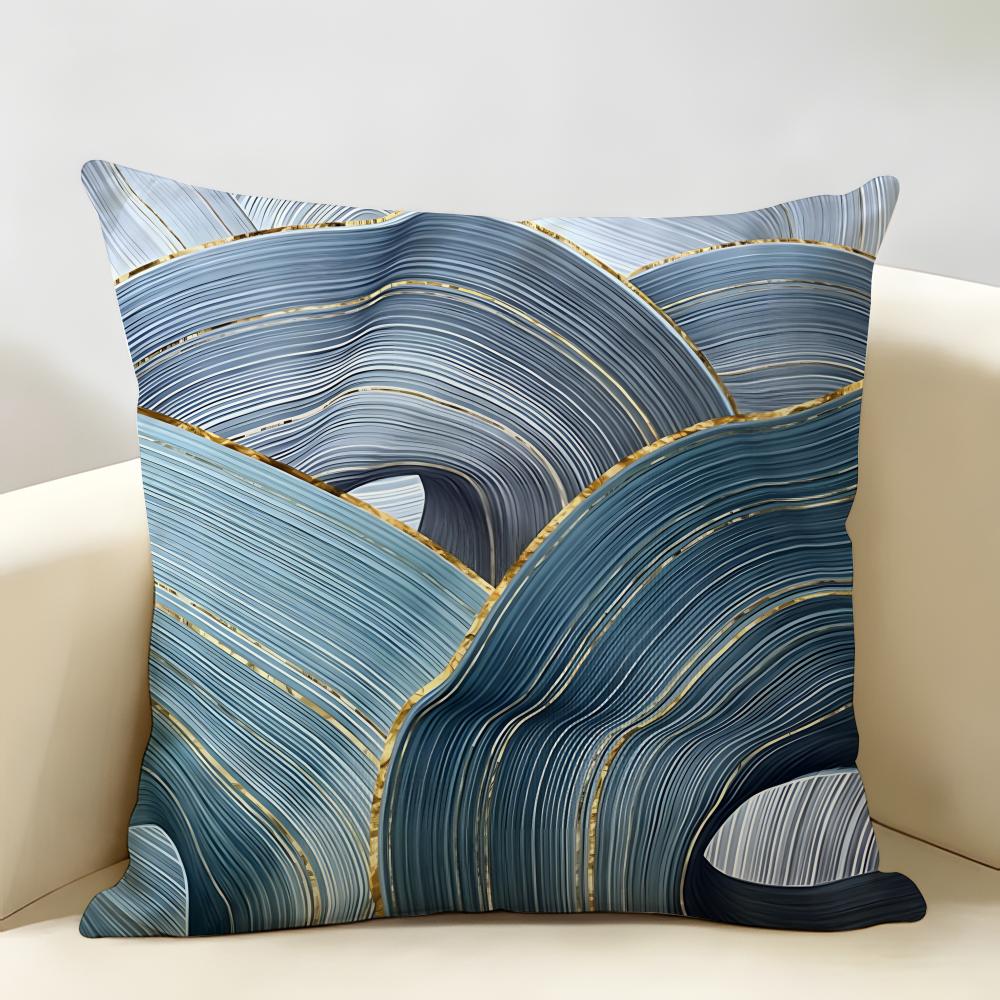 Blue Gold Wave-Shaped Pattern Cushion Cover Natural Linen Organic Fabric Double-Sided Printing Breathable Perfect For Home Decor