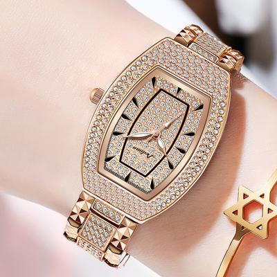 Stilvolle Damen-Weinfass-Stil mit Diamanten besetzten Sternen, leuchtende wasserdichte Damenuhr aus Edelstahl in Roségold