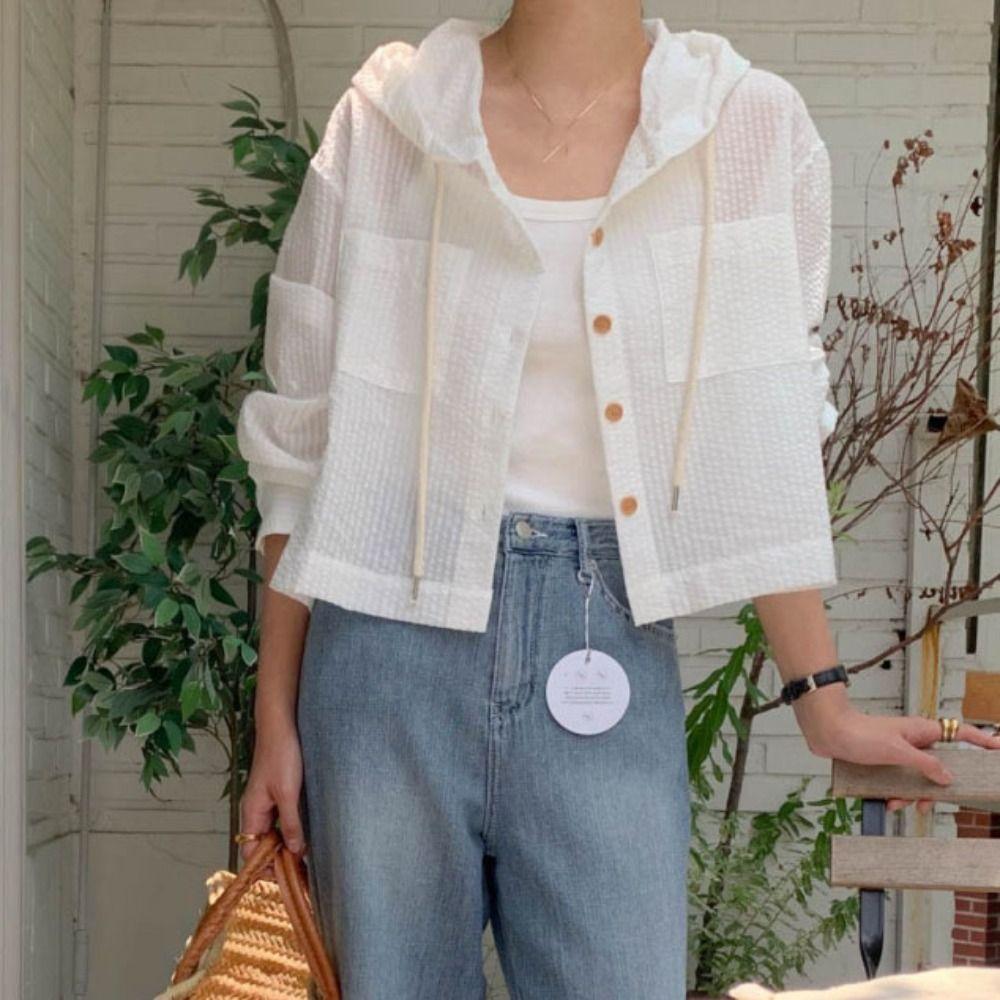Sunscreen Long Sleeved Shirt Retro Sweatshirts for Women All-match Striped Hooded Shirt Spring