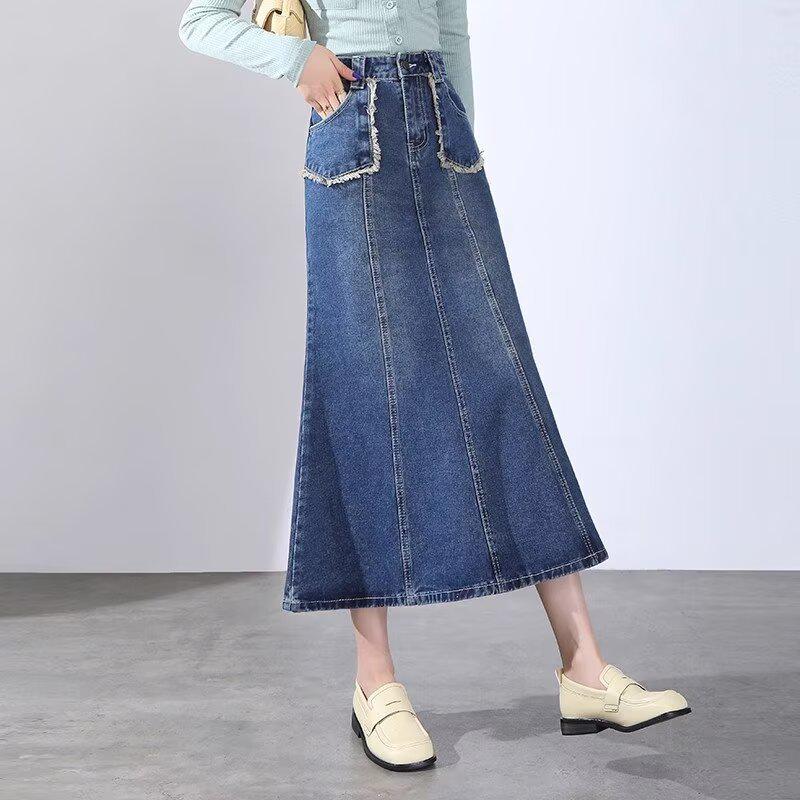 High Waist Tassel Raw Edge Denim A-Line Midi Skirt - Spring 2025 Collection