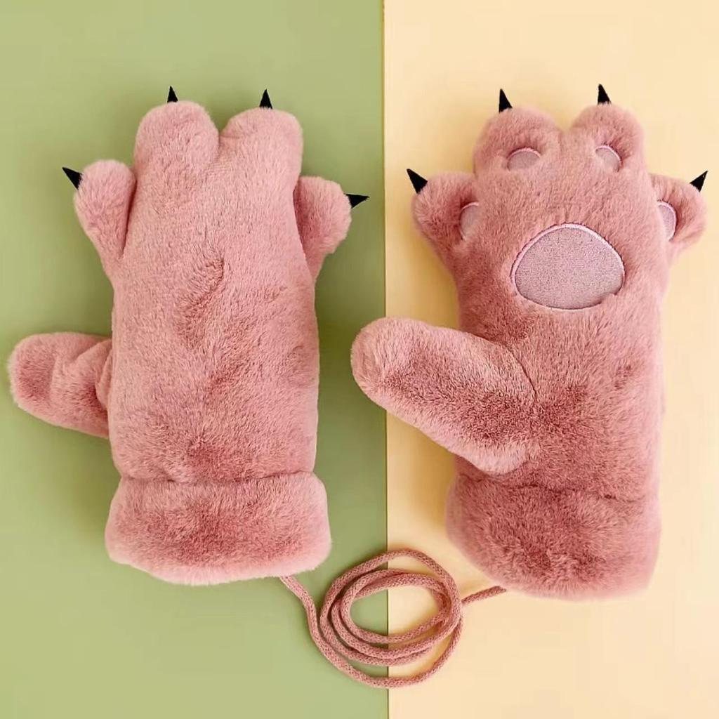 Men's & Women's Cute Korean Style Plush Paw Gloves - Fleece Lined, Winter Warm, Thickened Full Finger Design