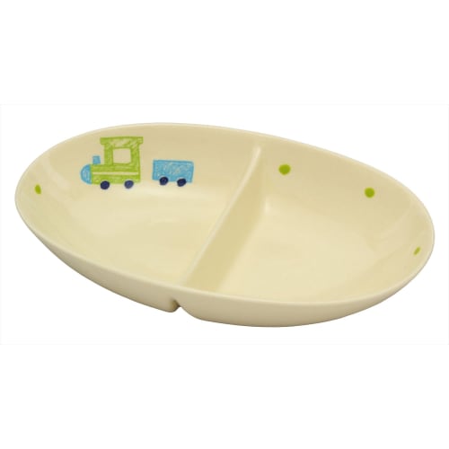 SOUSEN Medium Plate, Yellow-Green, 18cm, Seto Ware, Two-Compartment Plate with Train and Bus Design