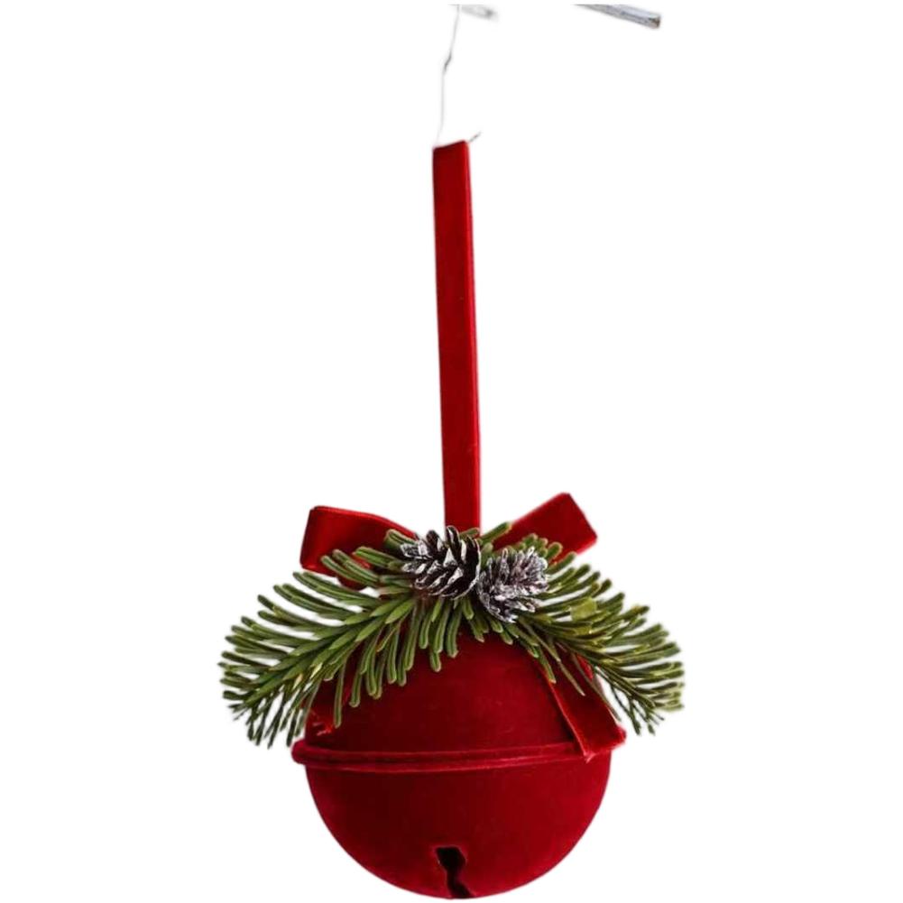 Christmas Flocked Bell Ornaments Set Nordic Style Cloth Hanging Decoration For Tree Or Window, Red Display Flocked Bell Decor