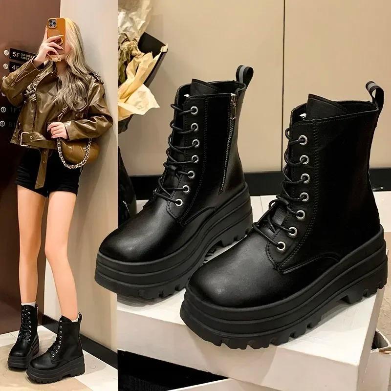Fashion 2026New Boots for Women Fashion Thick Sole High Heel Boots Lace Up Platform Boot Side Zip Ankle Boot Classic Black Leather Botas