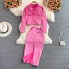 Pink Denim Skirts Set Korean Fashion Autumn Winter Solid 2 Pieces Sets Women Outfits Elegant Conjuntos Feminino