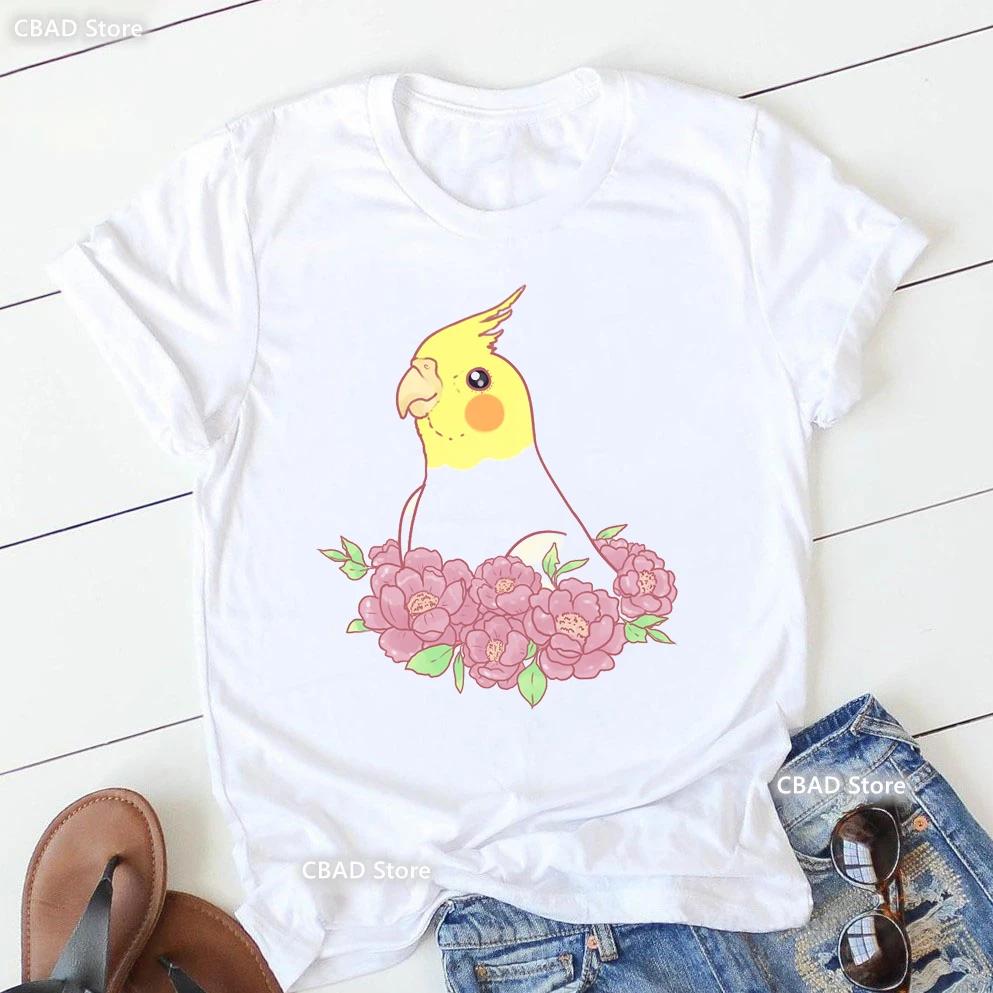 Cute Cockatielsparrot Bird Lovers Print T Shirt Girls Sunflower Flowers Tshirt Unisex Harajuku Kawaii Clothes Summer Tops Tee