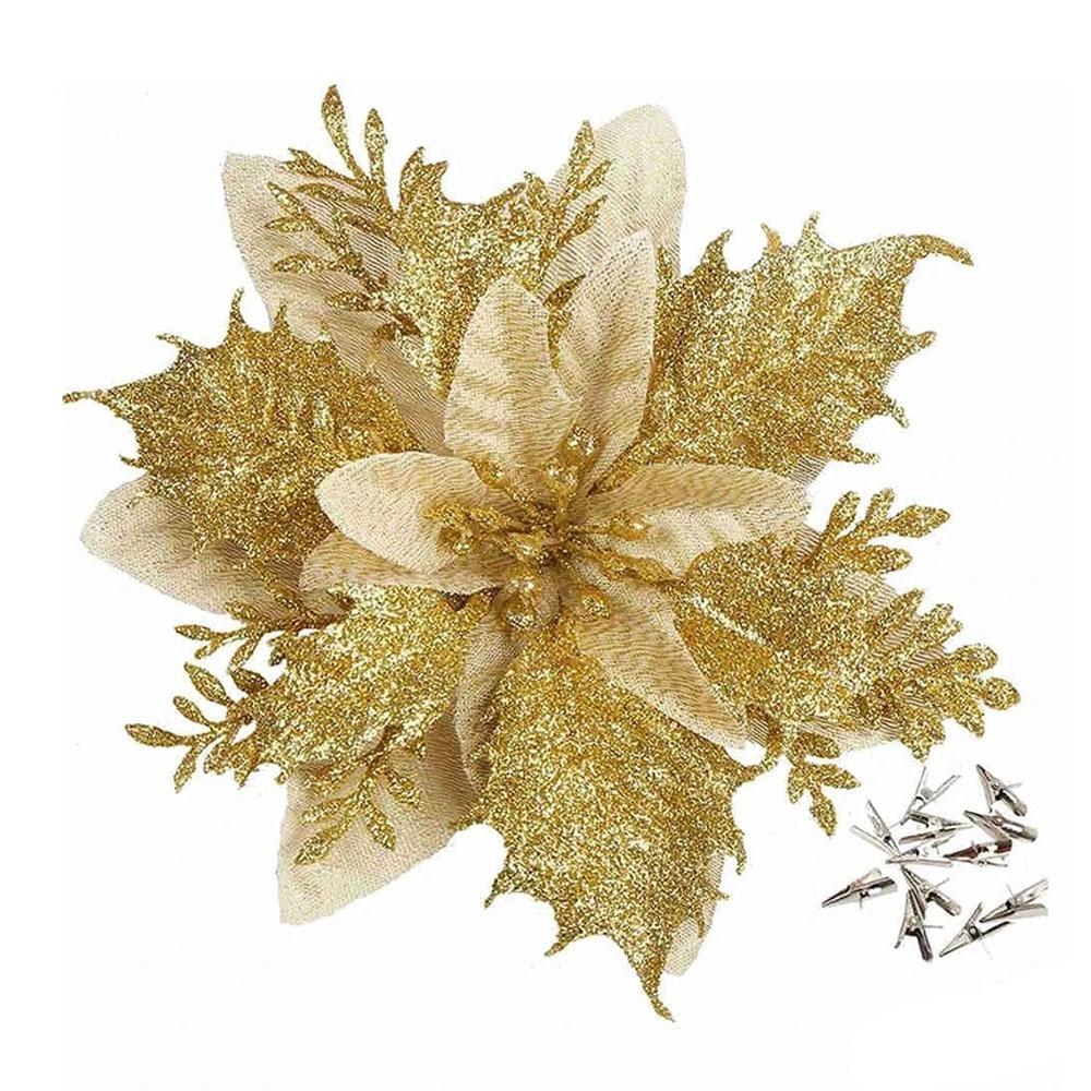 

10pcs 14.5cm Glitter Artifical Christmas Flowers With Clips Stems Simulated Maple Leaf Christmas Flower Head Golden Pink Flower