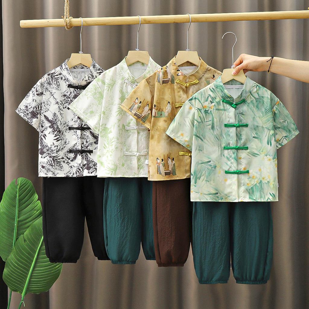 Set in stile cinese per ragazzi Estate Manica Corta + Pantaloni Capri Hanfu Abito Tang