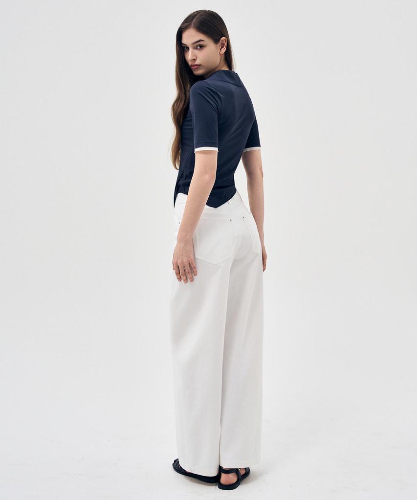 Laneonkyulleoseu Asymmetrical Cutout Collar Short Sleeve Top_Navy