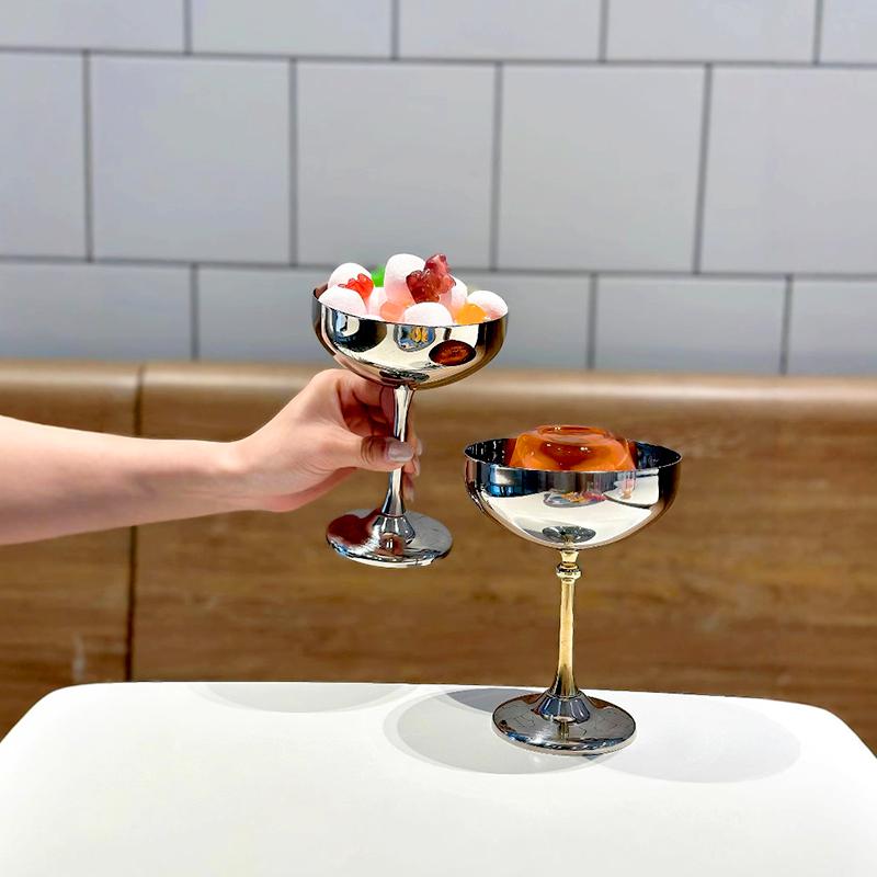 304 Stainless Steel Tall Footed Design Bar Dessert Cup Creative Salad Bowl Restaurant Silver Retro Ice Cream Cup Accessories