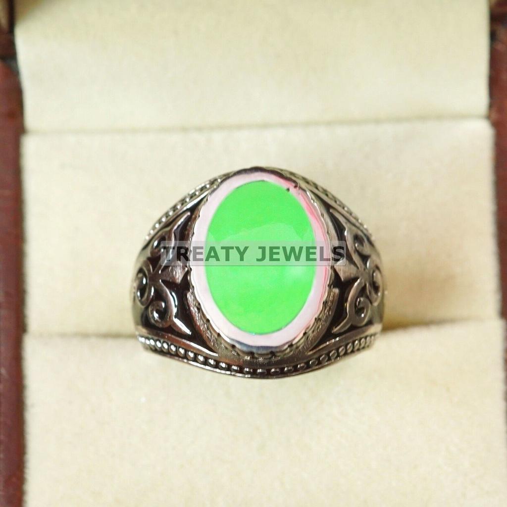 Jade Oval Cut Gemstone With 925 Sterling Silver Ring For Men's #B154 JL375671602393