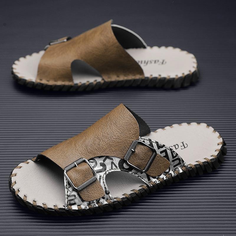 

Summer new large size handmade leather casual outdoor men s slippers 38 чёрный