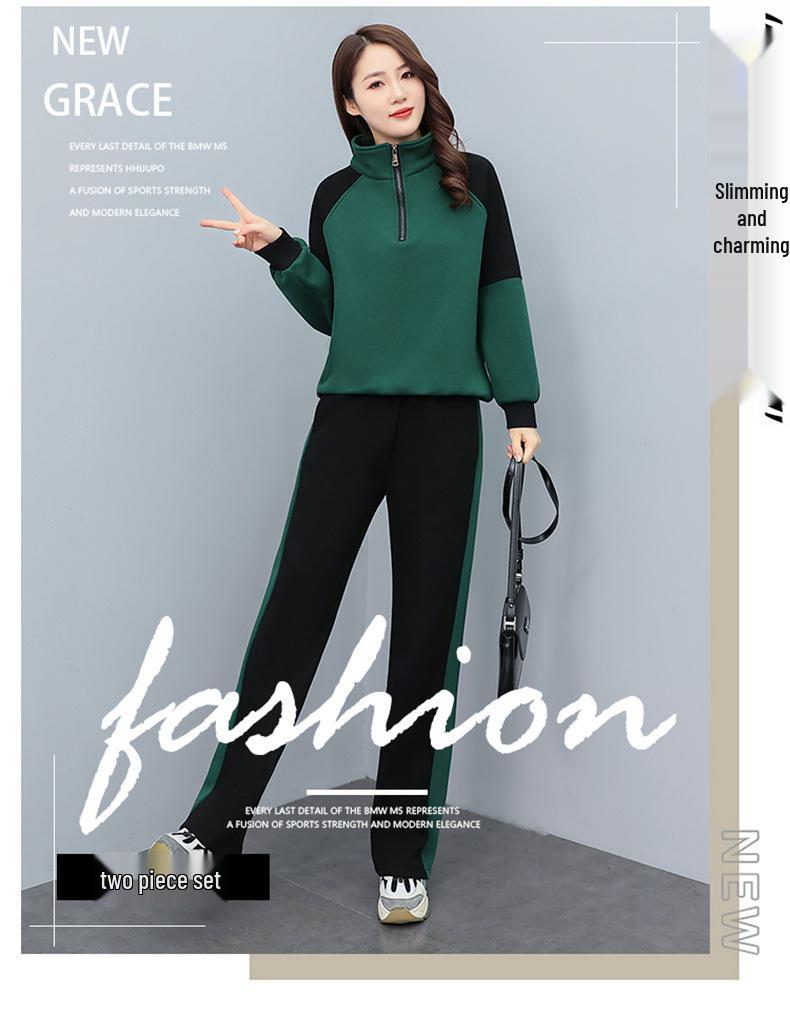 Women's Spring/Autumn Casual Sportswear Set - Loose, Age-Reducing, Spliced Sweatshirt Two-Piece Ensemble